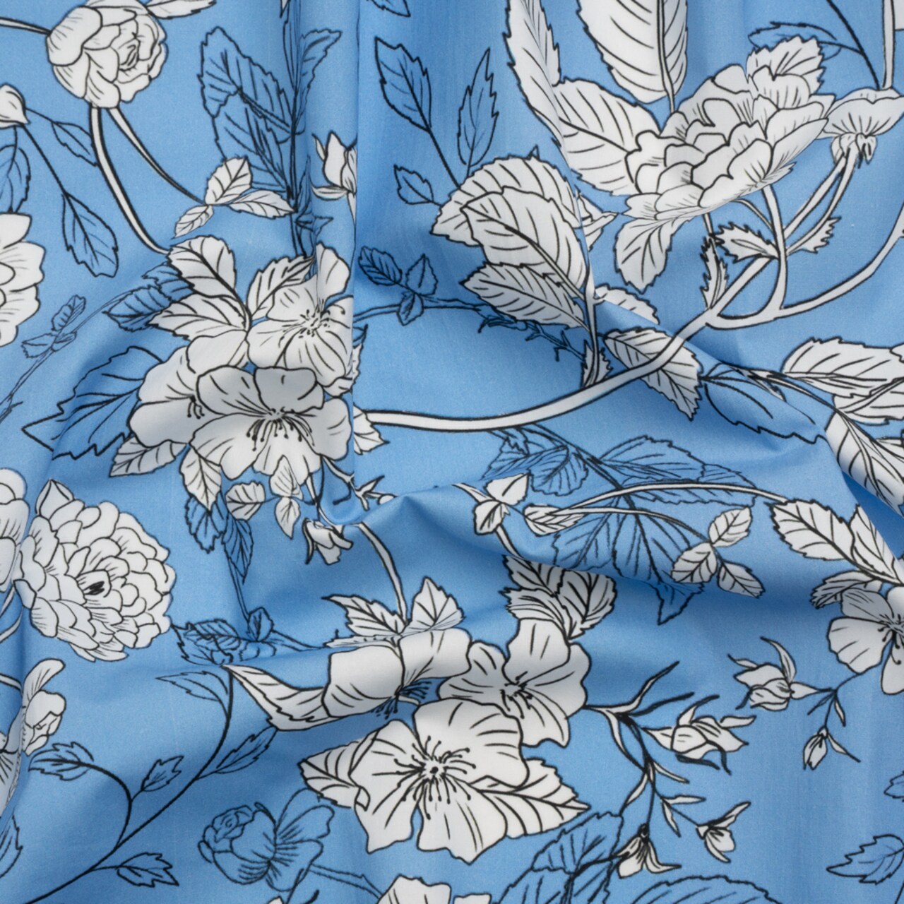 1 Yard Cotton Poplin Fabric Blue White Black Budding Peonies Floral Print 55 inch